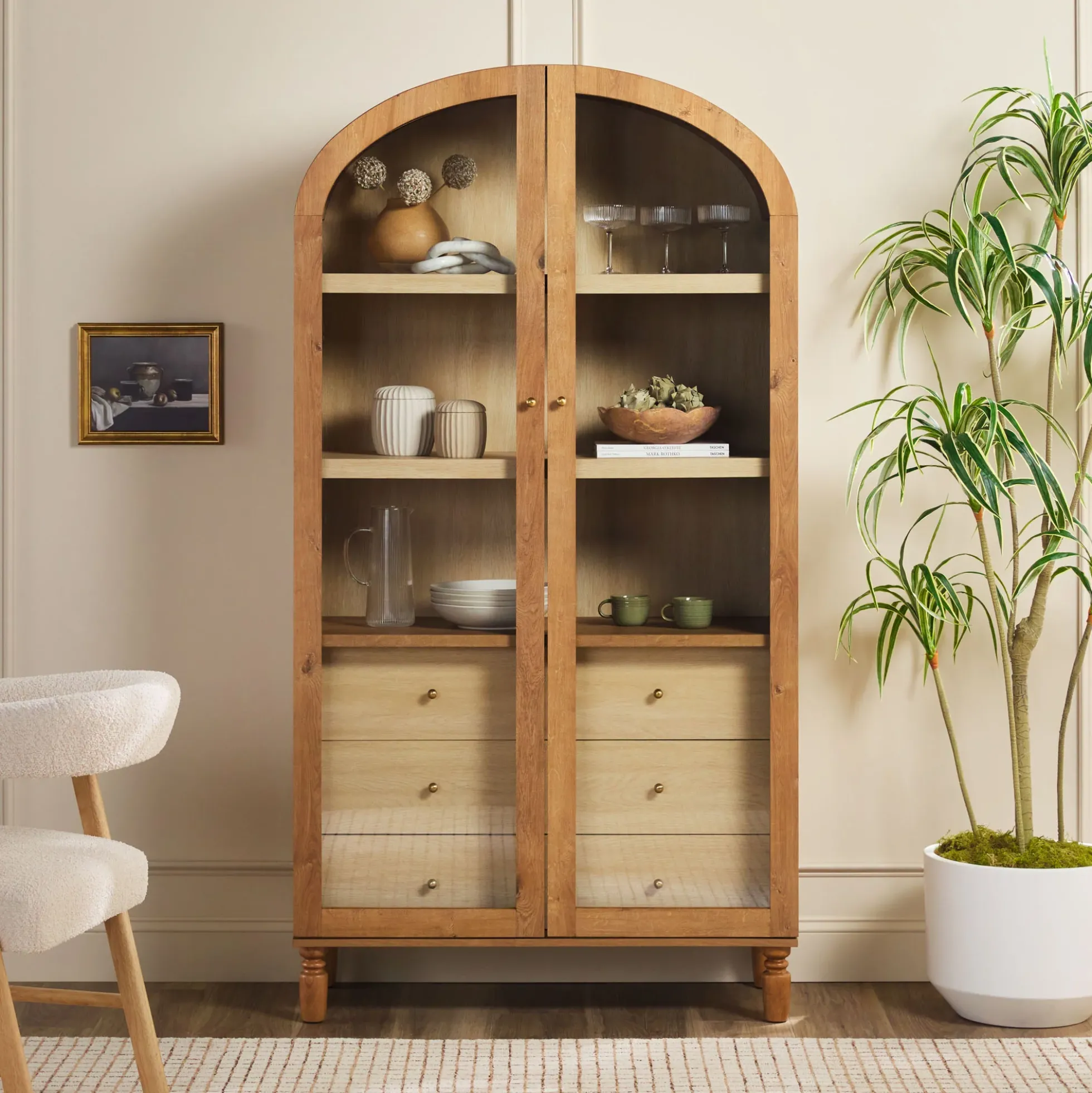 Darci Modern Arched Bookshelf Cabinet with Glass Doors & Inner Drawers