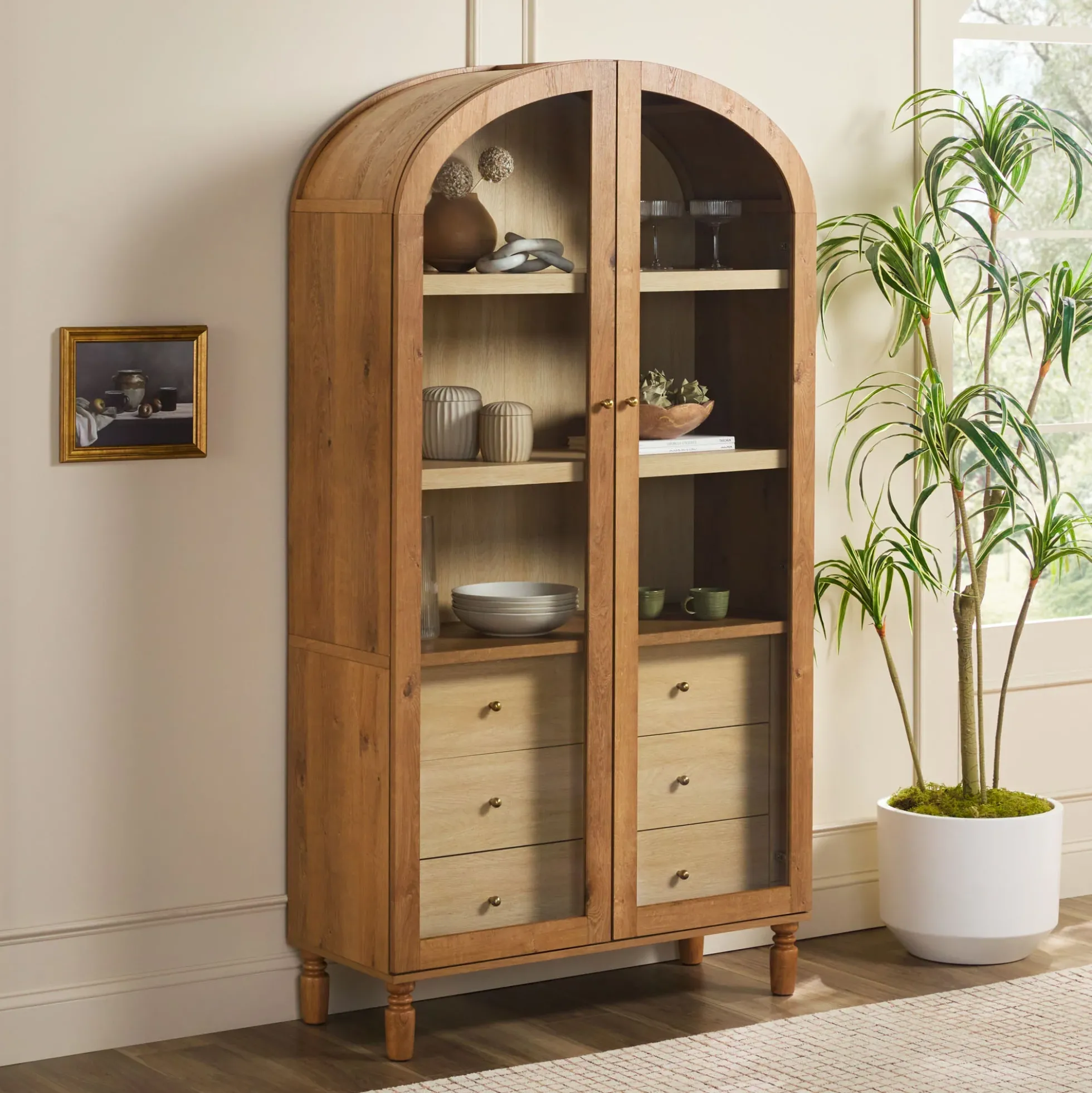 Darci Modern Arched Bookshelf Cabinet with Glass Doors & Inner Drawers