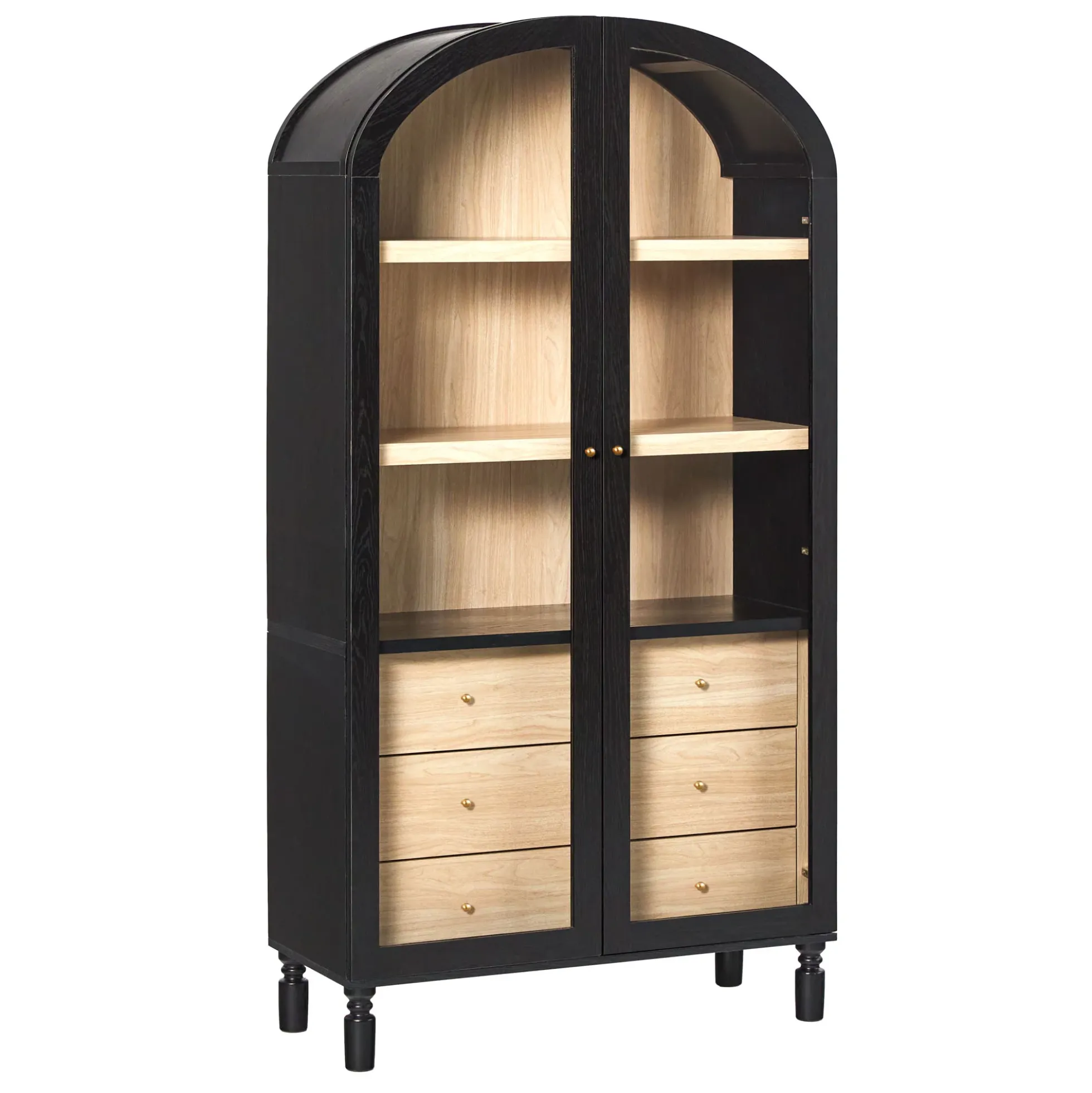 Darci Modern Arched Bookshelf Cabinet with Glass Doors & Inner Drawers