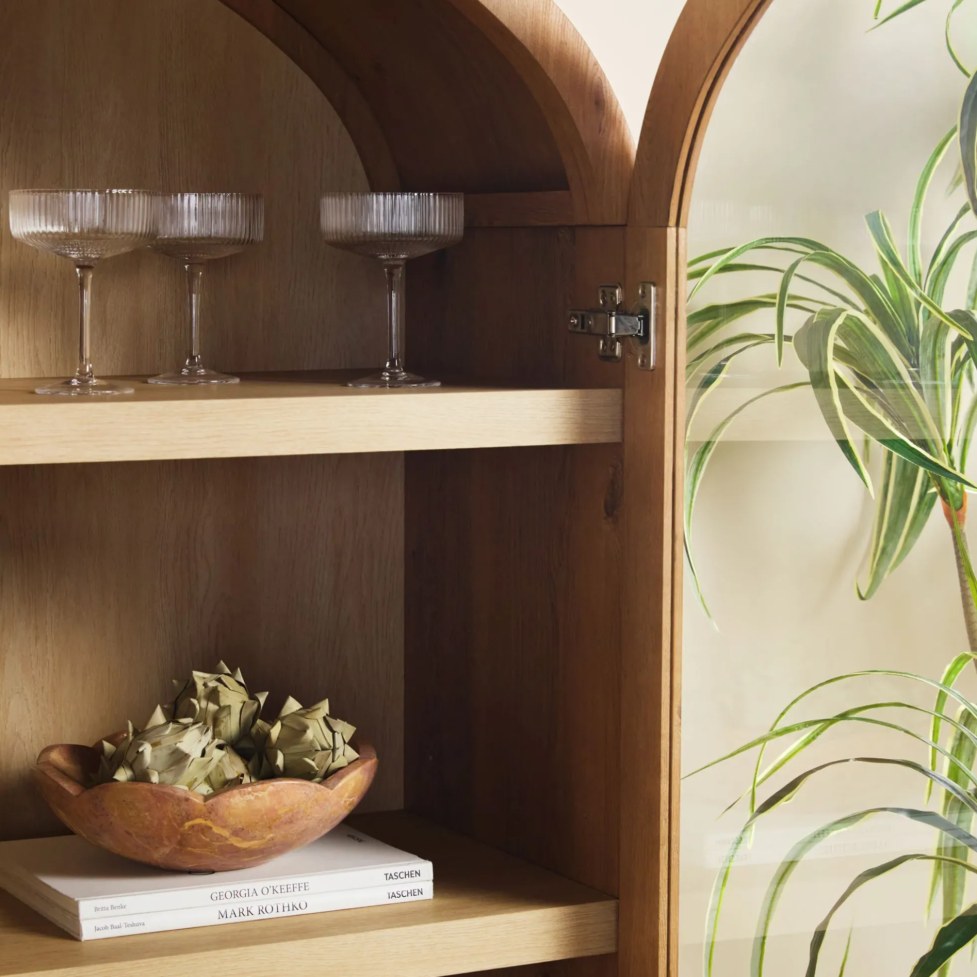 Darci Modern Arched Bookshelf Cabinet with Glass Doors & Inner Drawers