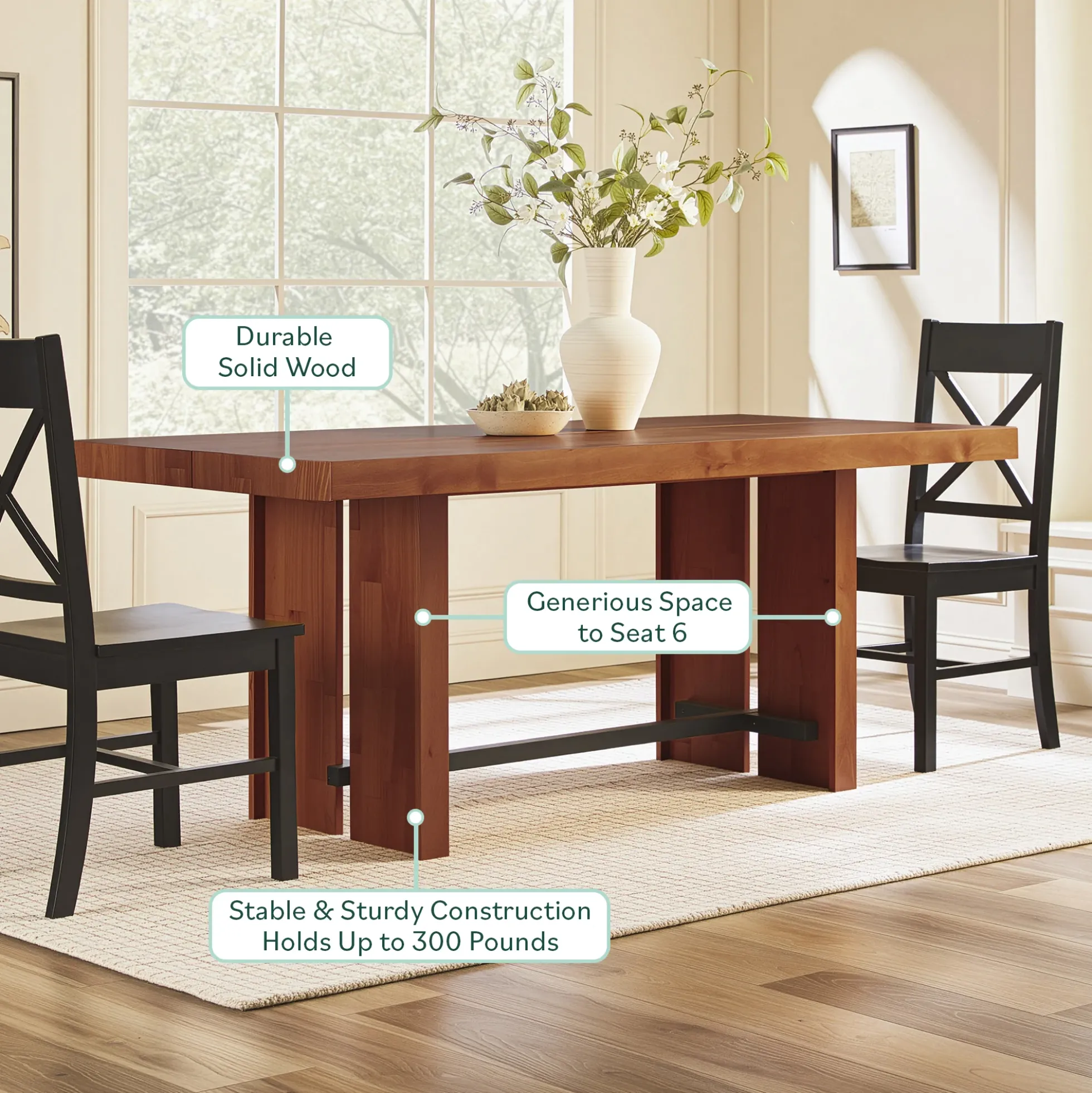Dontae 72" Solid Wood Trestle Dining Table Seats 6
