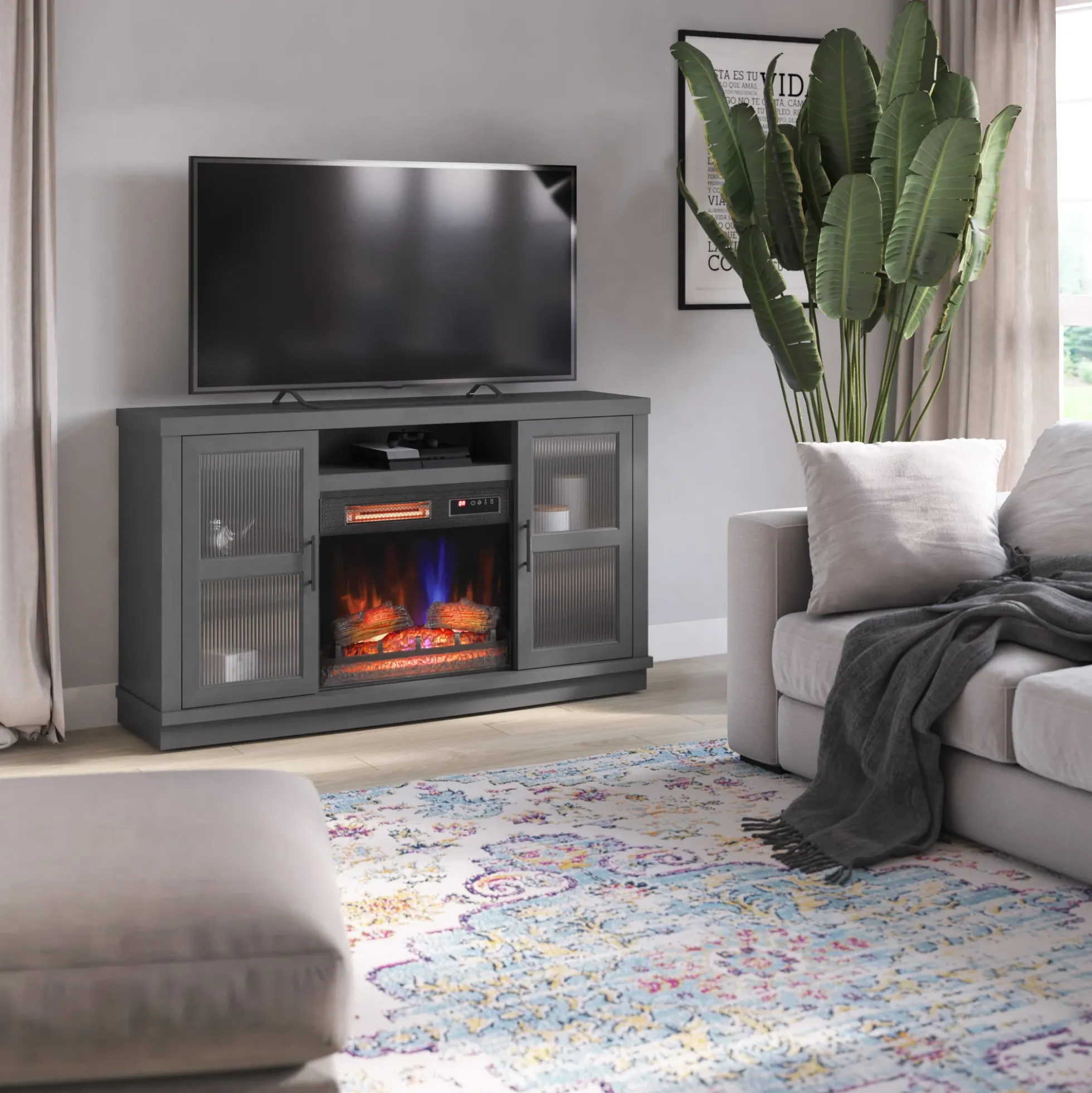 duraflame® Reeded Glass Door Electric Fireplace TV Stand Media Console