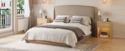 Elegant Linen Upholstered Queen Bed Frame with Wingback Headboard