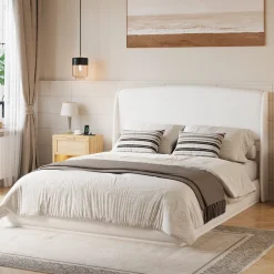 Elegant Linen Upholstered Queen Bed Frame with Wingback Headboard
