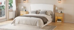 Elegant Linen Upholstered Queen Bed Frame with Wingback Headboard