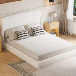 Elegant Linen Upholstered Queen Bed Frame with Wingback Headboard
