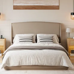 Elegant Linen Upholstered Queen Bed Frame with Wingback Headboard