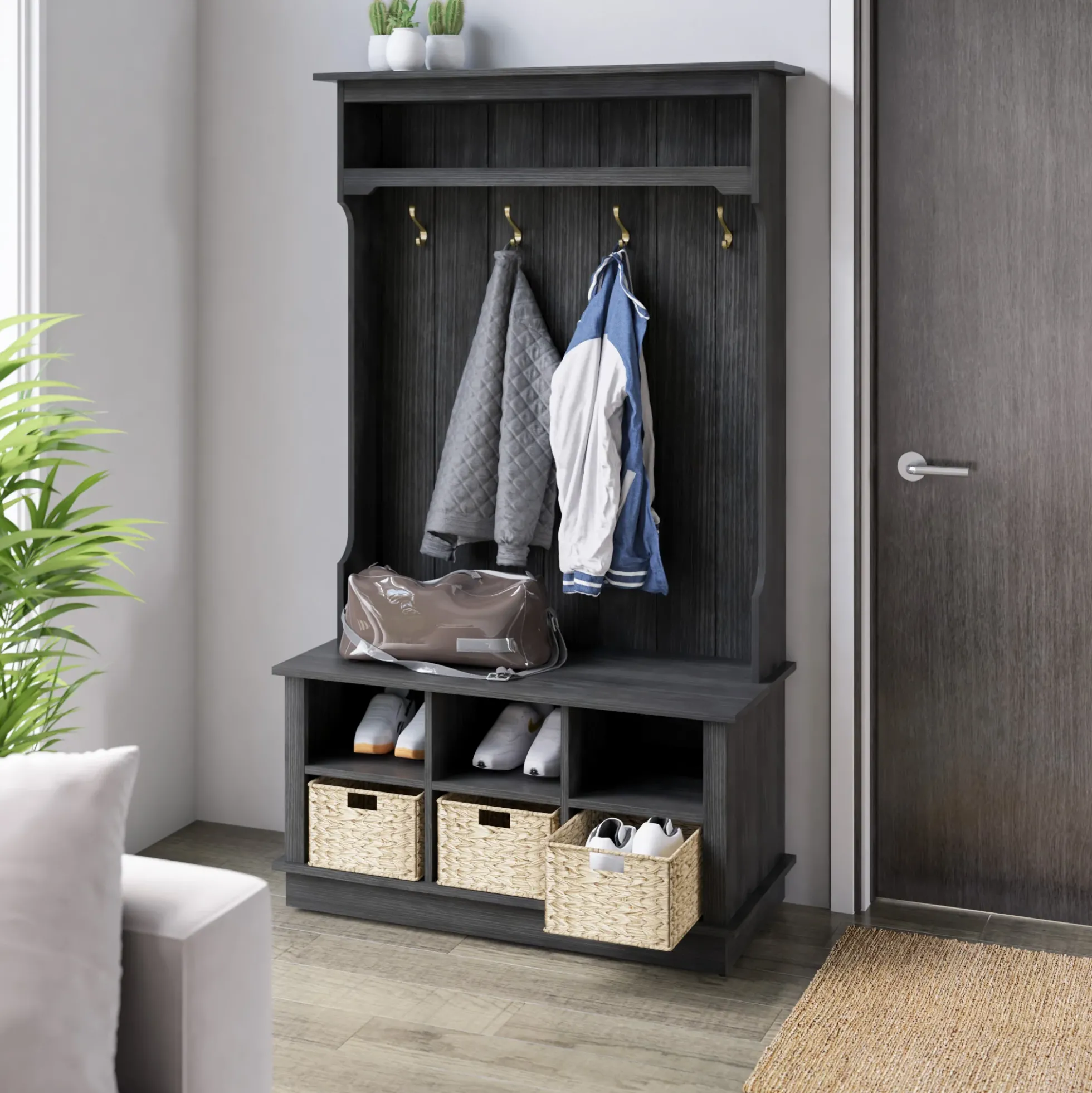Entryway Hall Tree with Baskets and Open Storage