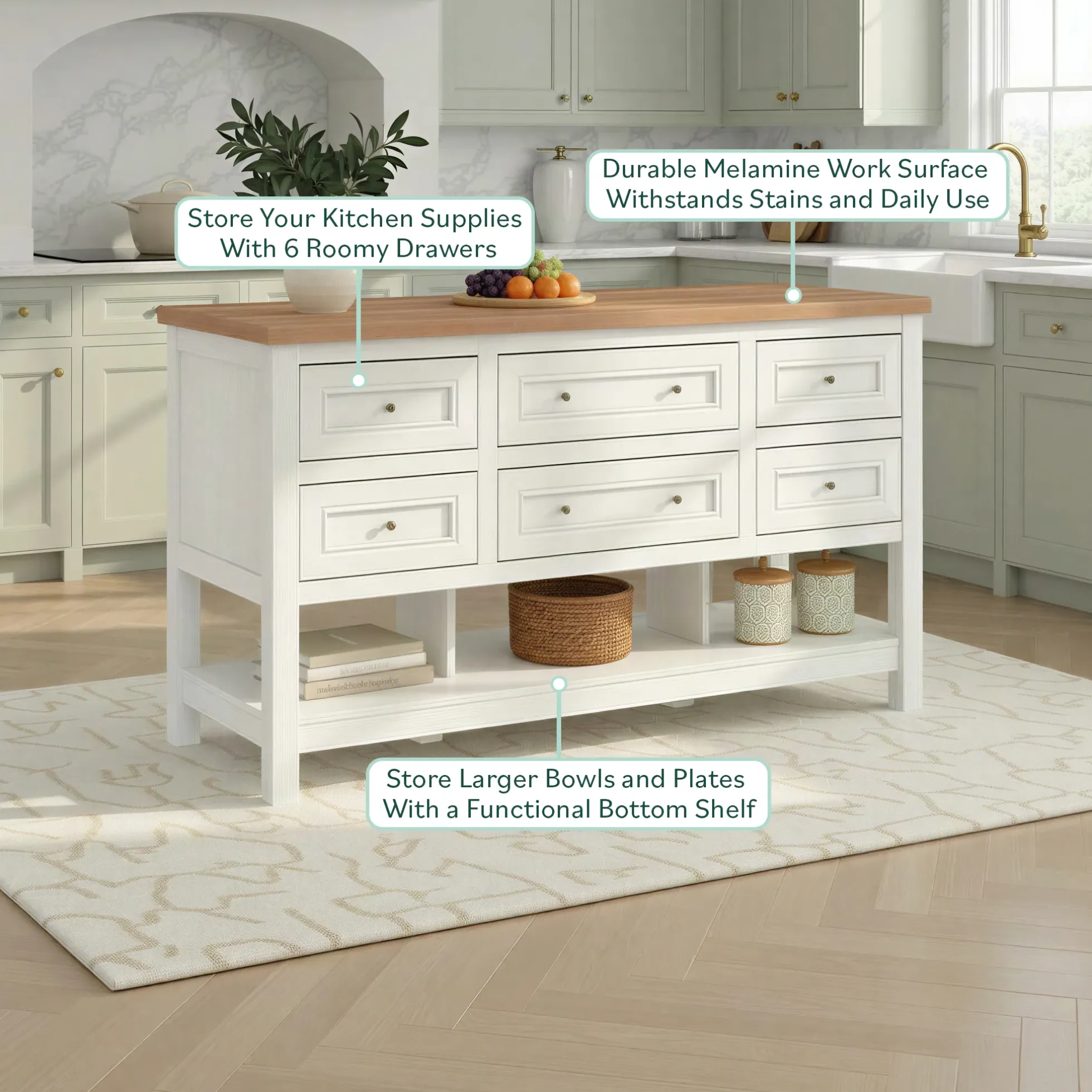 Everlee Free-Standing 52" Kitchen Island with 6 Drawer Storage