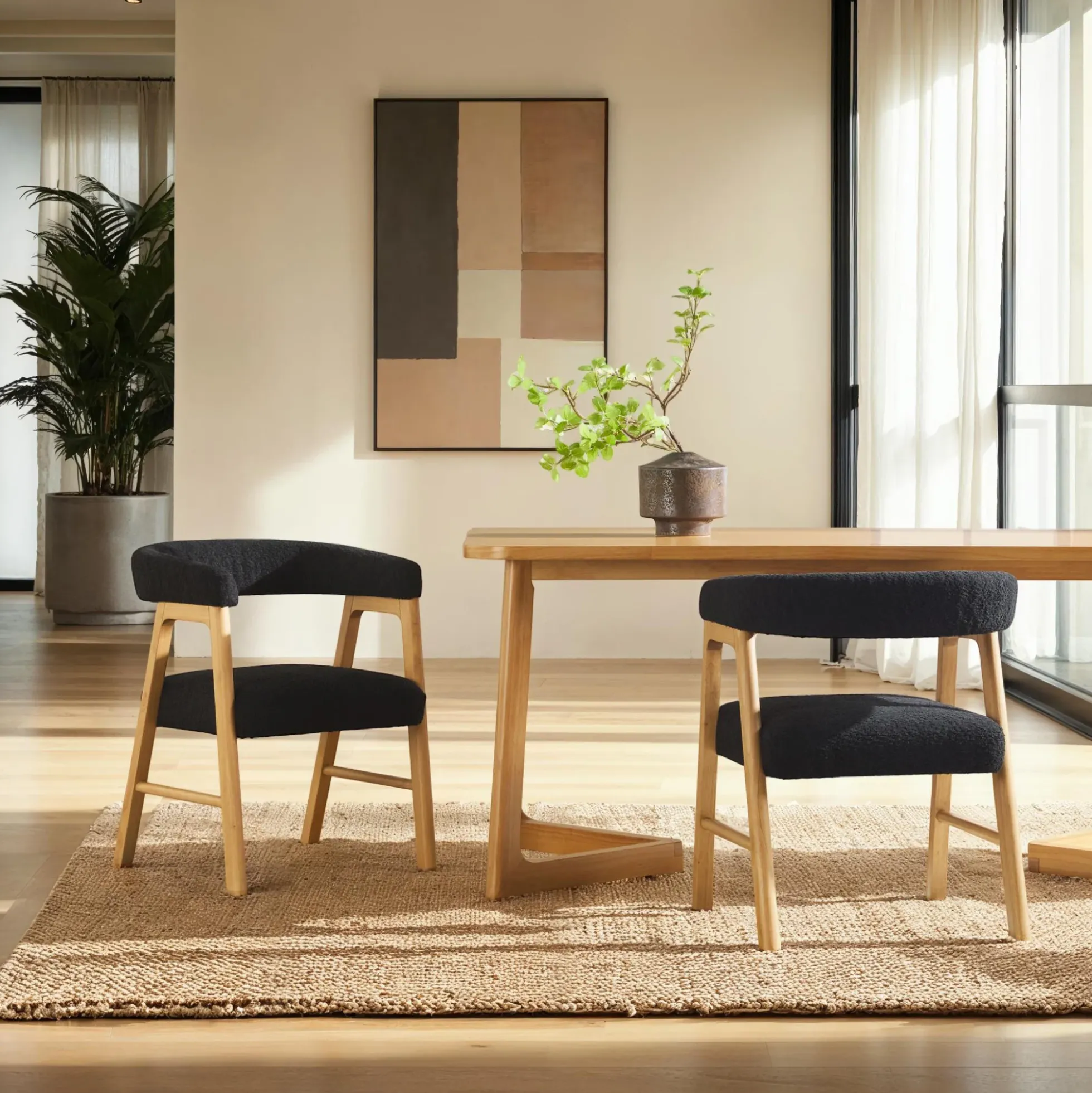 Ezra Modern Solid Wood Dining Chair with Boucle Upholstery (Set of 2)