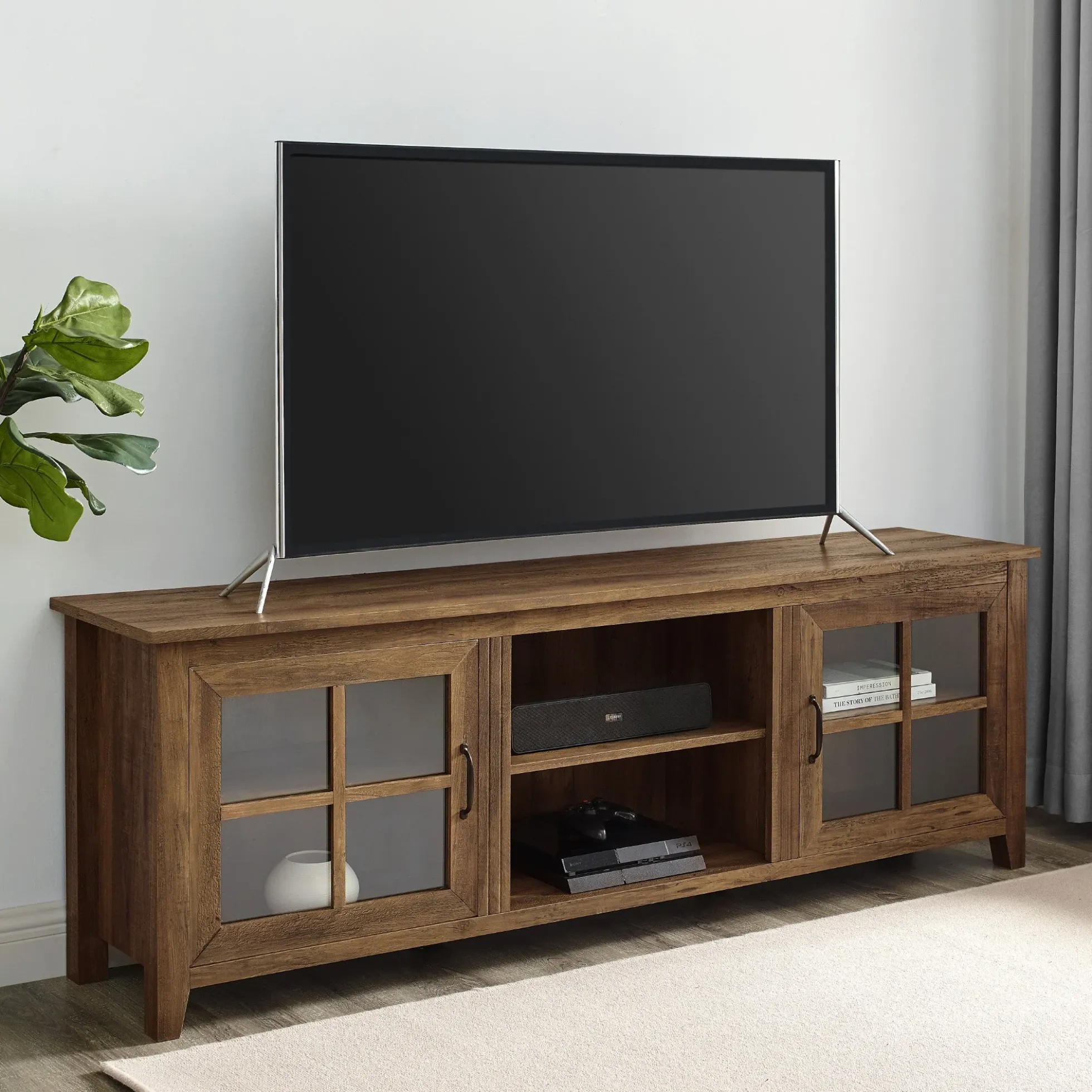 Farmhouse 70" Simple Window Pane 2 Door Wood TV Stand