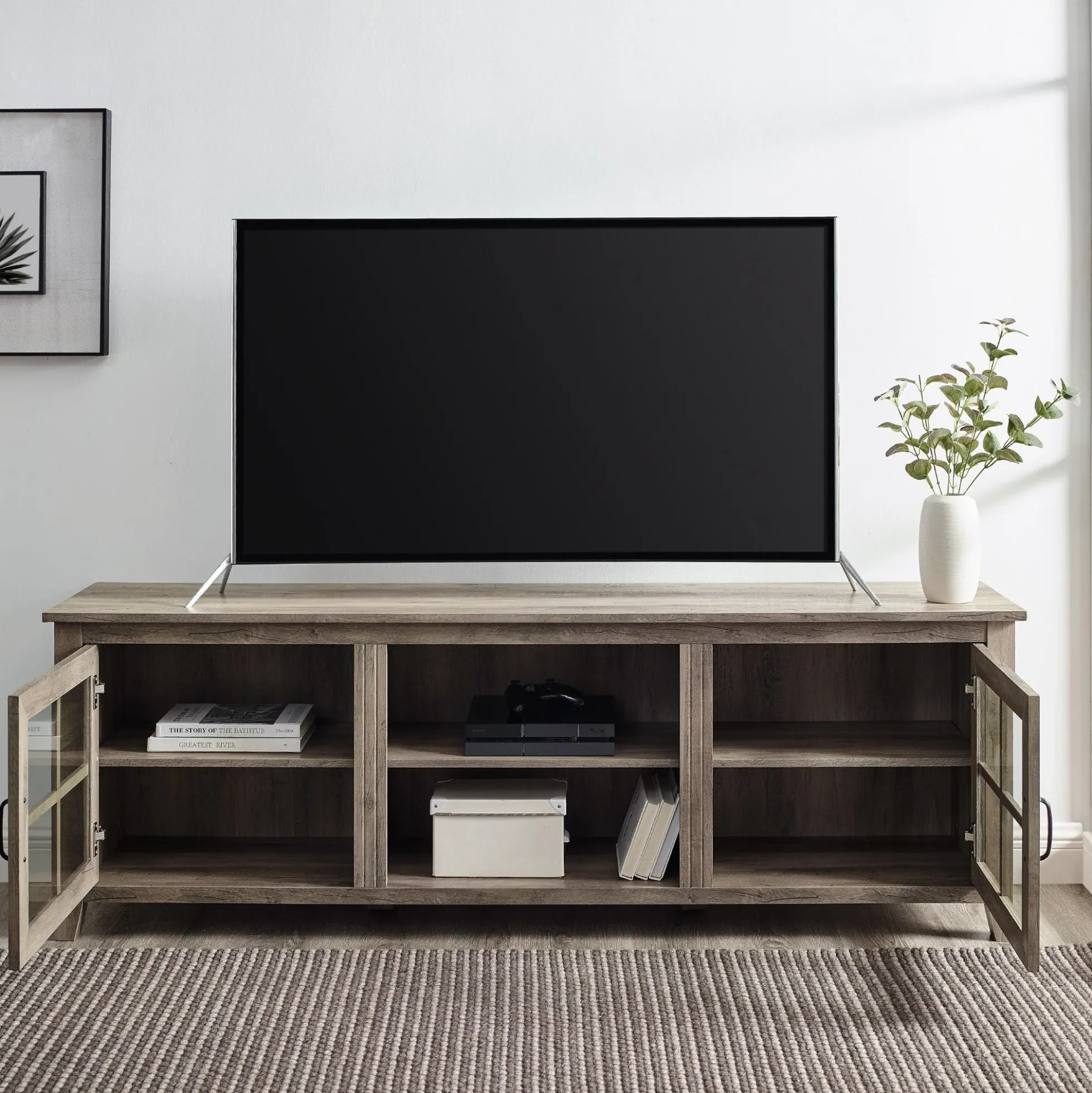 Farmhouse 70" Simple Window Pane 2 Door Wood TV Stand