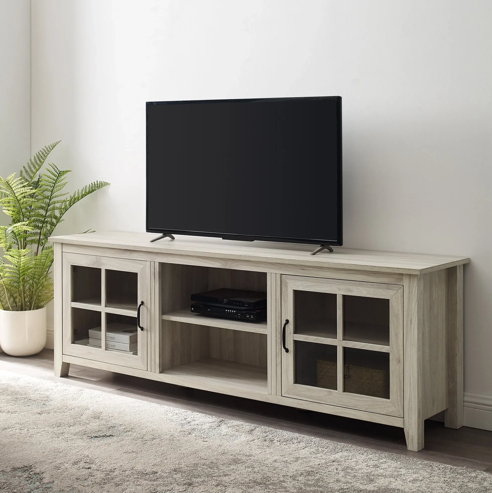 Farmhouse 70" Simple Window Pane 2 Door Wood TV Stand