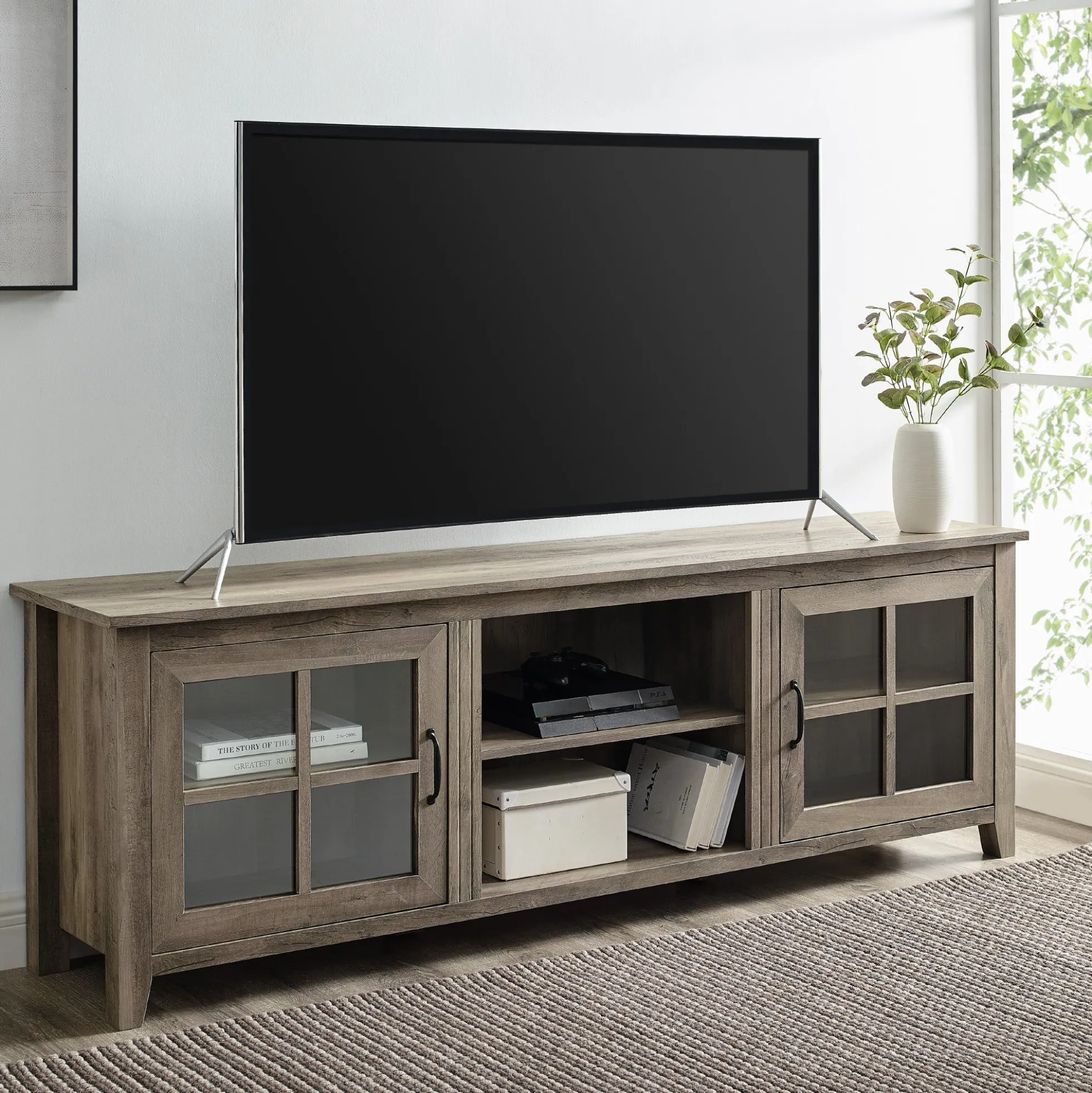 Farmhouse 70" Simple Window Pane 2 Door Wood TV Stand
