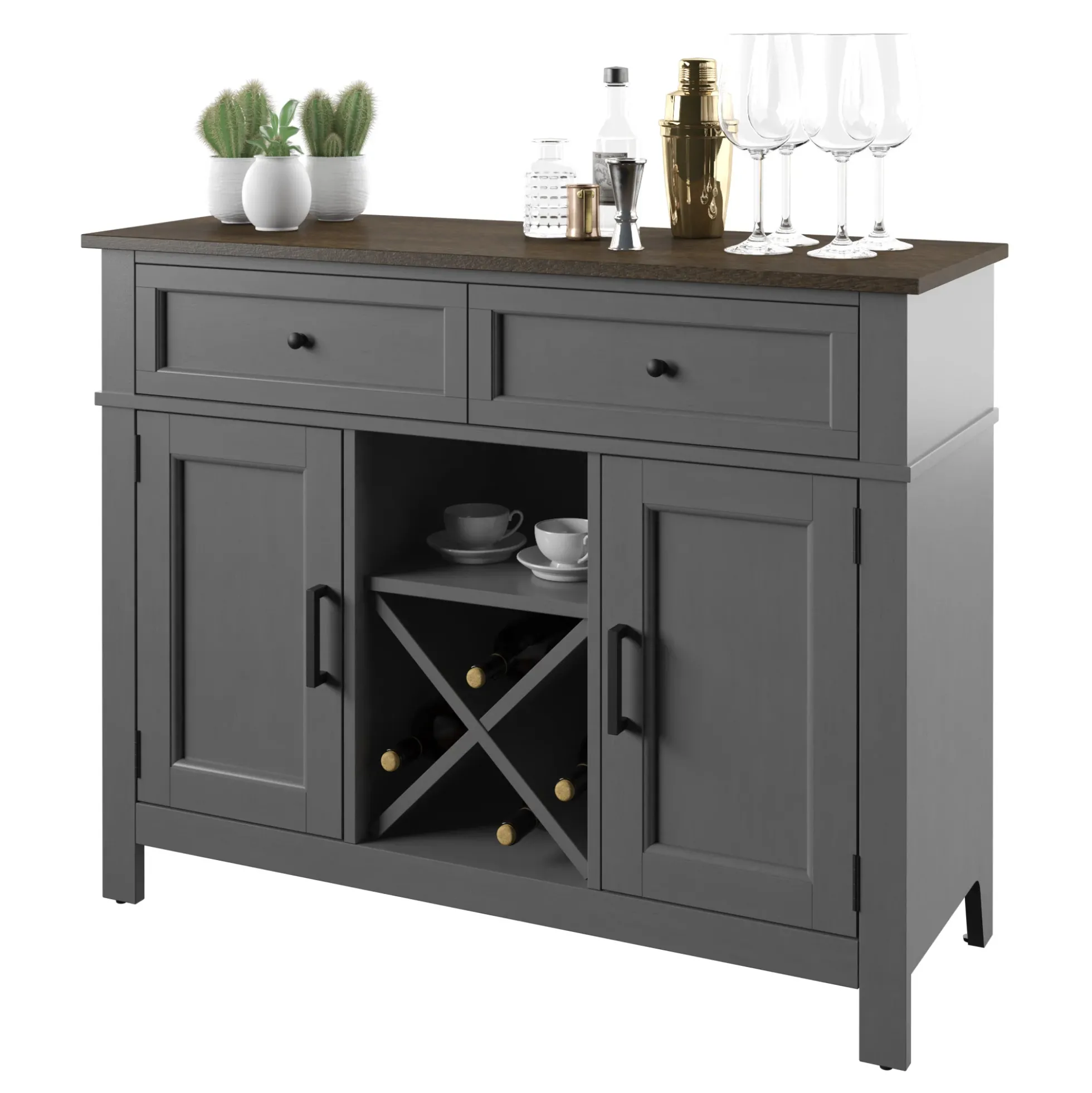 Farmhouse Buffet Sideboard with Wine Shelving and Stemware Storage