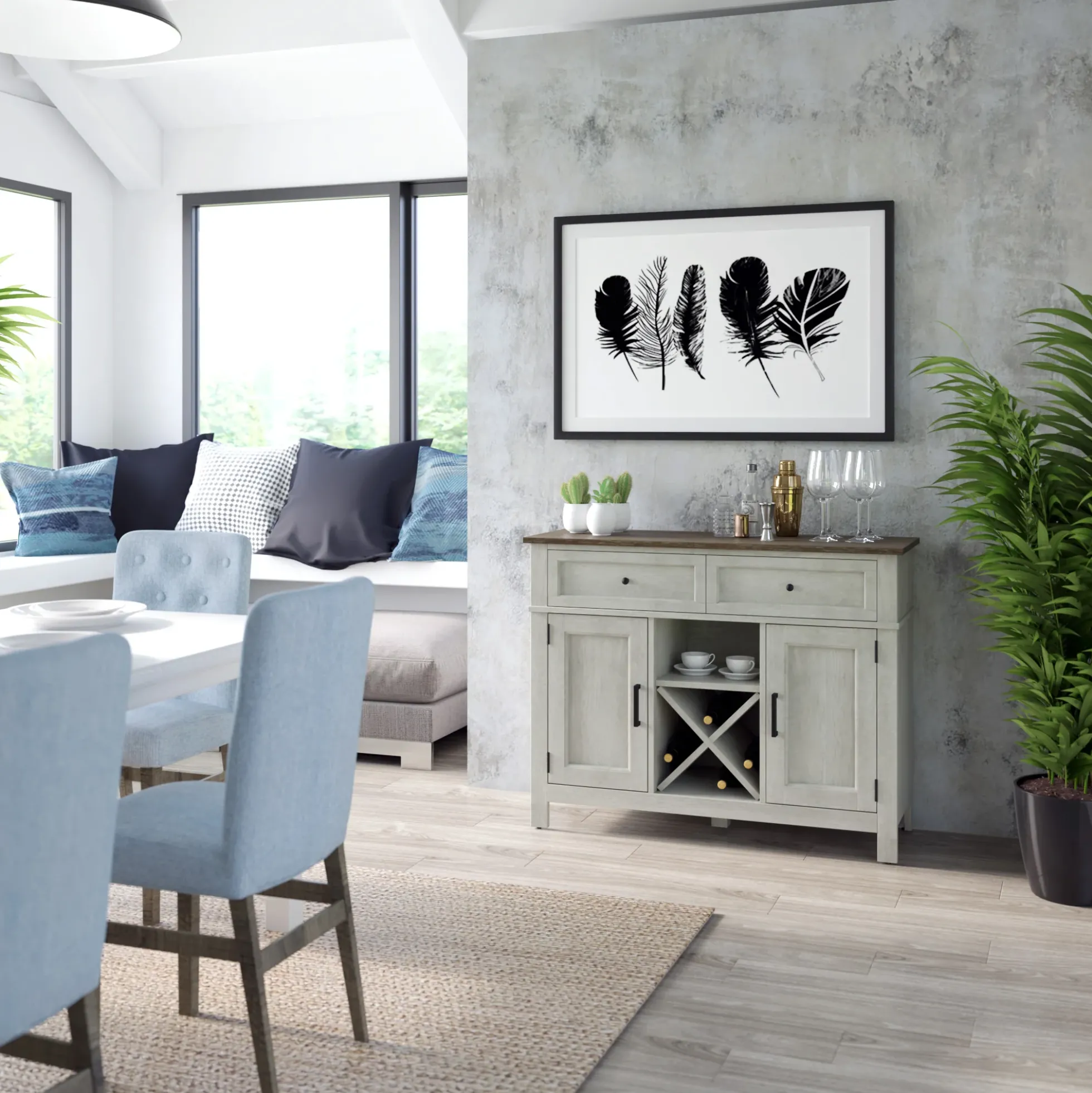 Farmhouse Buffet Sideboard with Wine Shelving and Stemware Storage