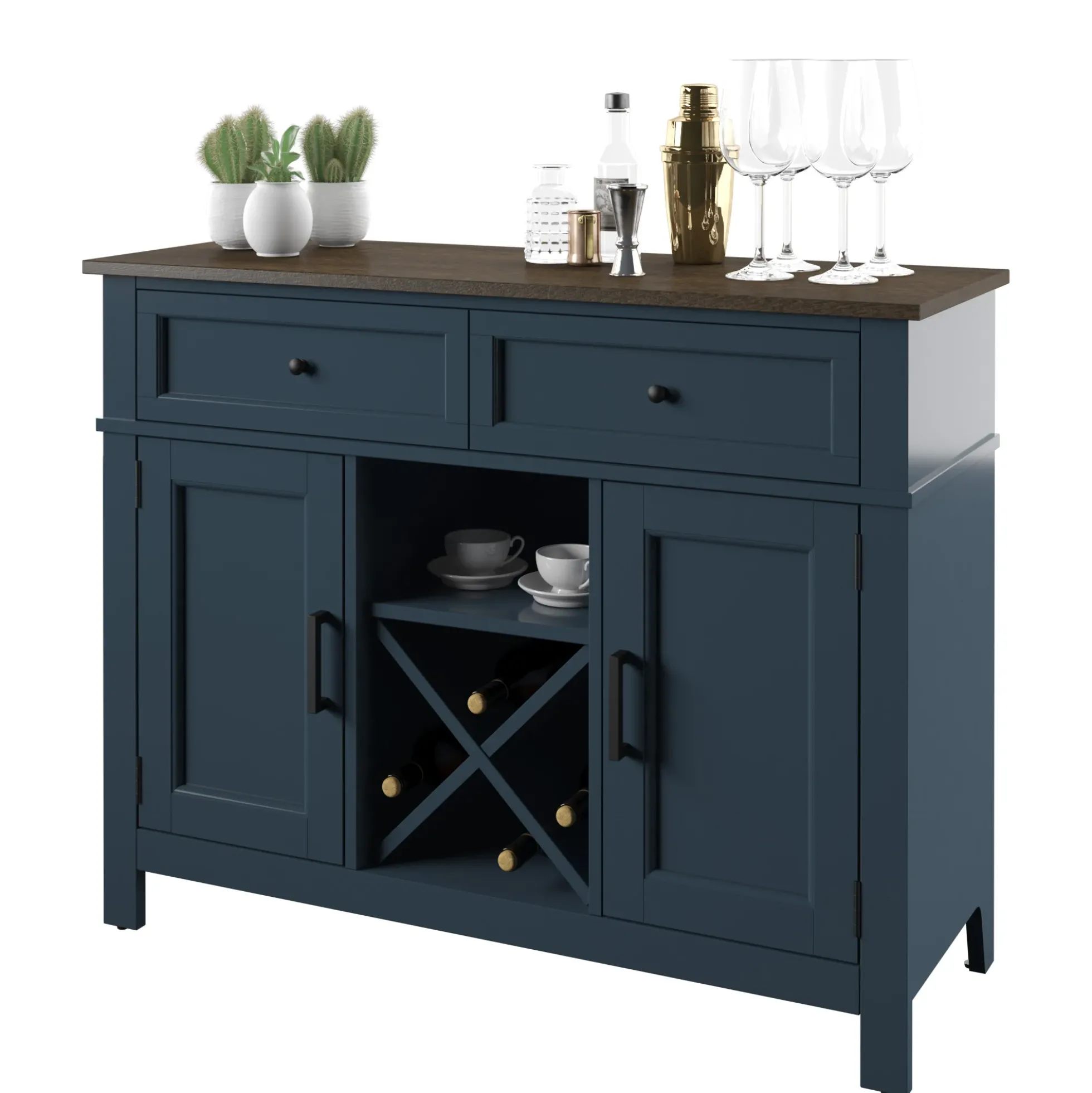 Farmhouse Buffet Sideboard with Wine Shelving and Stemware Storage