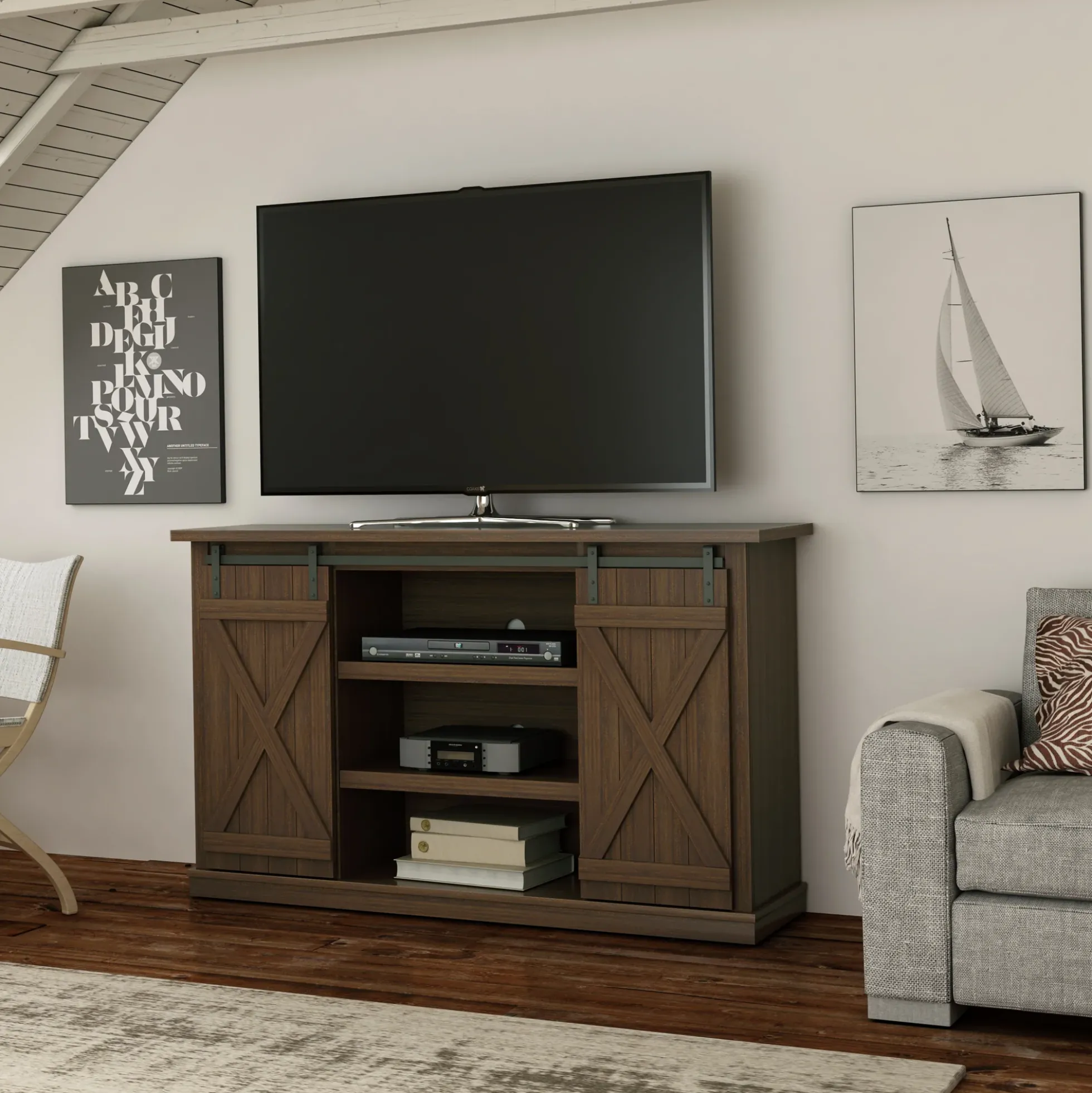 Farmhouse Sliding Barn Doors Cottonwood 54' TV Stand Media Console