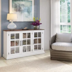 Farmhouse Window Pane Glass Doors Two Tone Buffet Sideboard