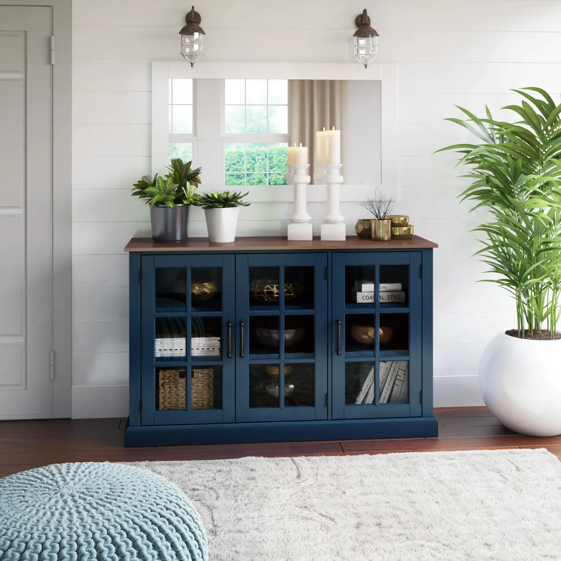 Farmhouse Window Pane Glass Doors Two Tone Buffet Sideboard