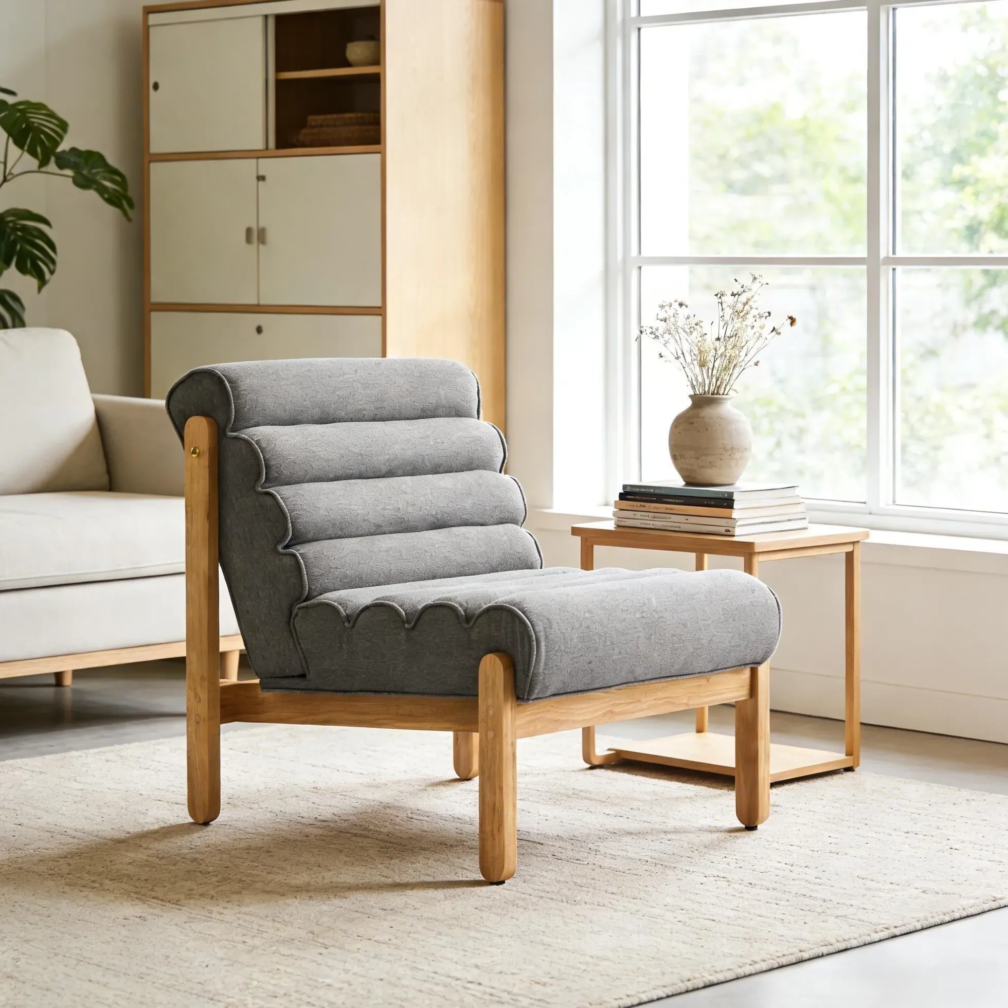Fluffy Accent Chair Gray with Natural Solid Wood Frame