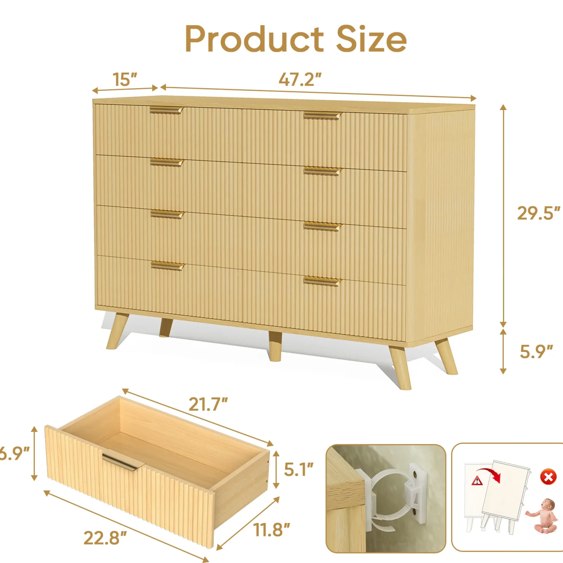 Fluted 8 Drawer 47" Dresser
