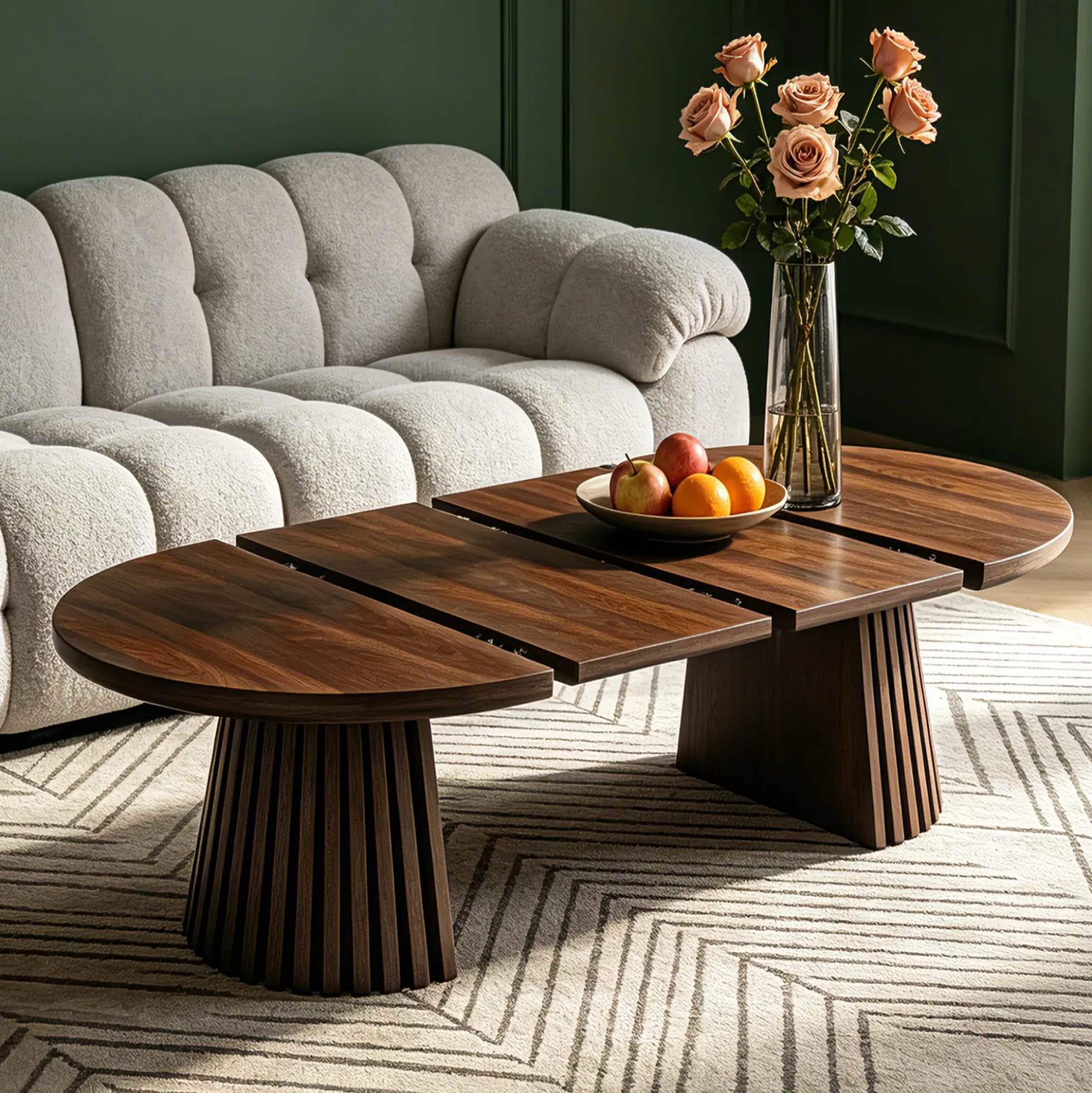 Fluted Design Extendable Wooden Curve Coffee Table