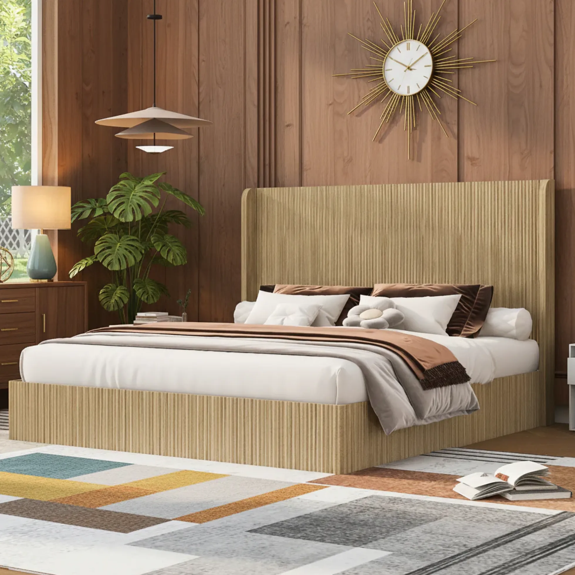 Fluted Mid-Century King Size Wood Bed Frame