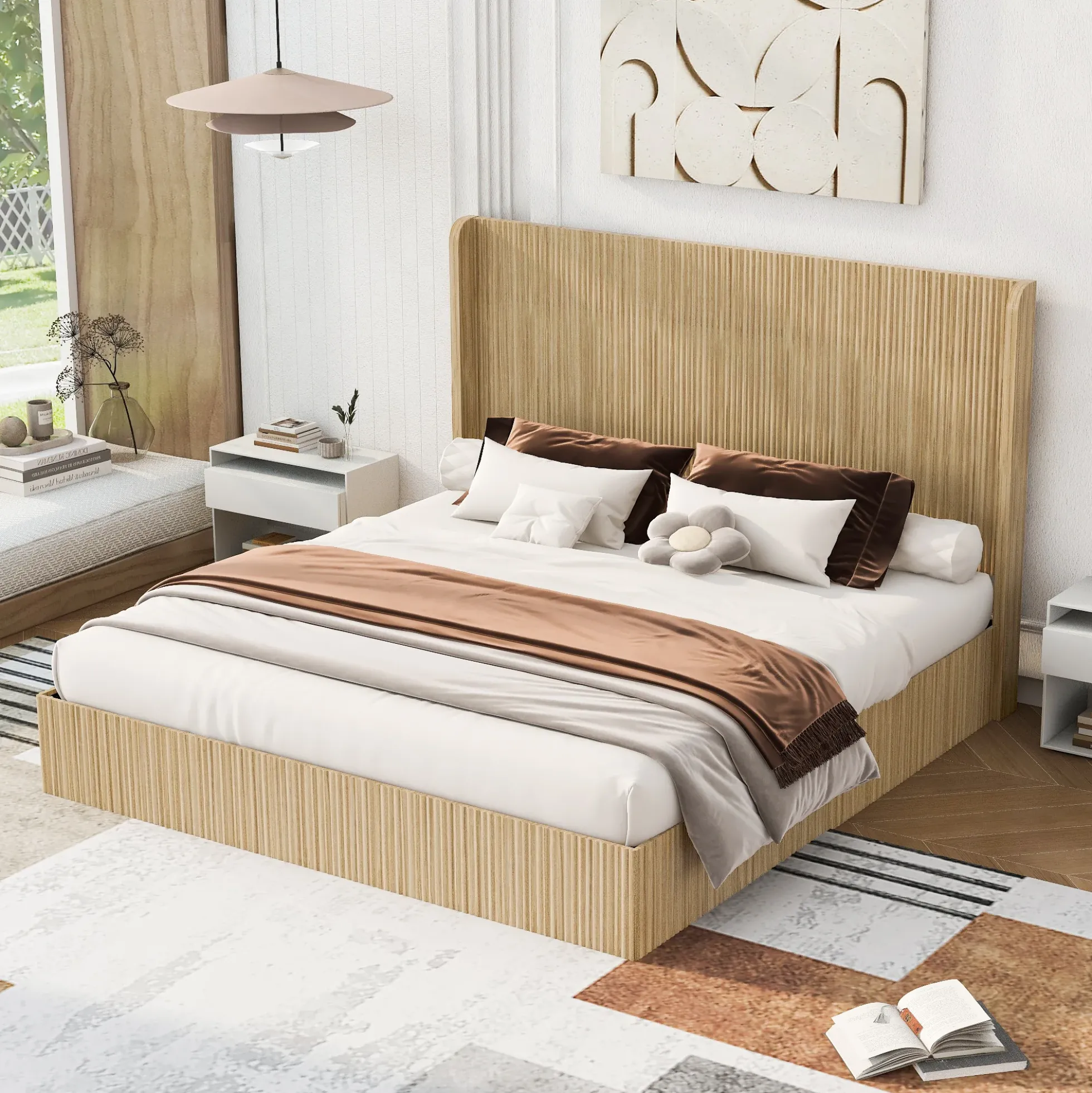 Fluted Mid-Century King Size Wood Bed Frame
