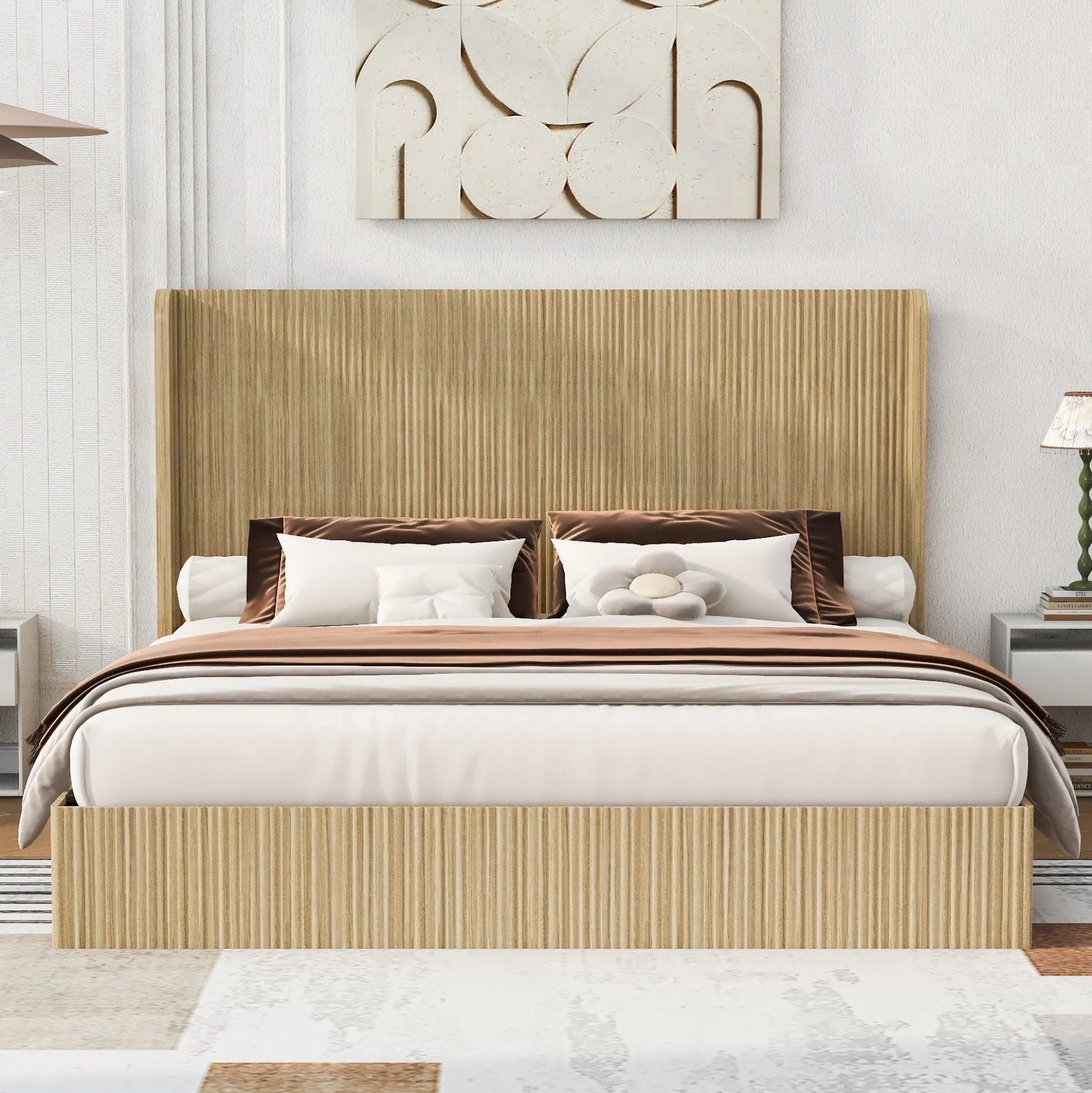 Fluted Mid-Century King Size Wood Bed Frame