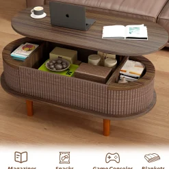 Fluted Modern Oval Lift Top Coffee Table with Hidden Compartment