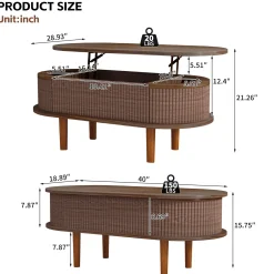 Fluted Modern Oval Lift Top Coffee Table with Hidden Compartment