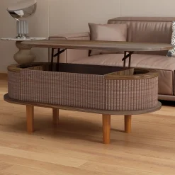 Fluted Modern Oval Lift Top Coffee Table with Hidden Compartment
