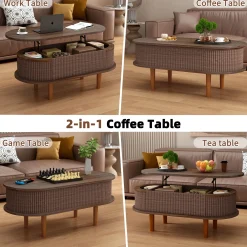 Fluted Modern Oval Lift Top Coffee Table with Hidden Compartment