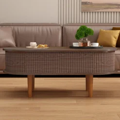Fluted Modern Oval Lift Top Coffee Table with Hidden Compartment