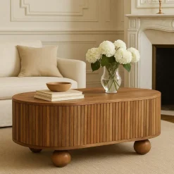 Fluted Solid Wood Ball Leg Coffee Table with Storage