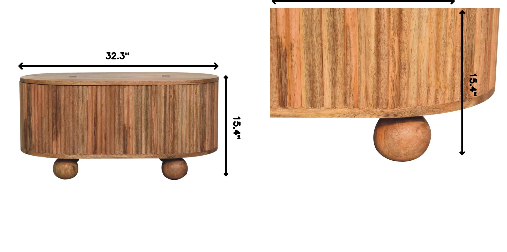 Fluted Solid Wood Ball Leg Coffee Table with Storage