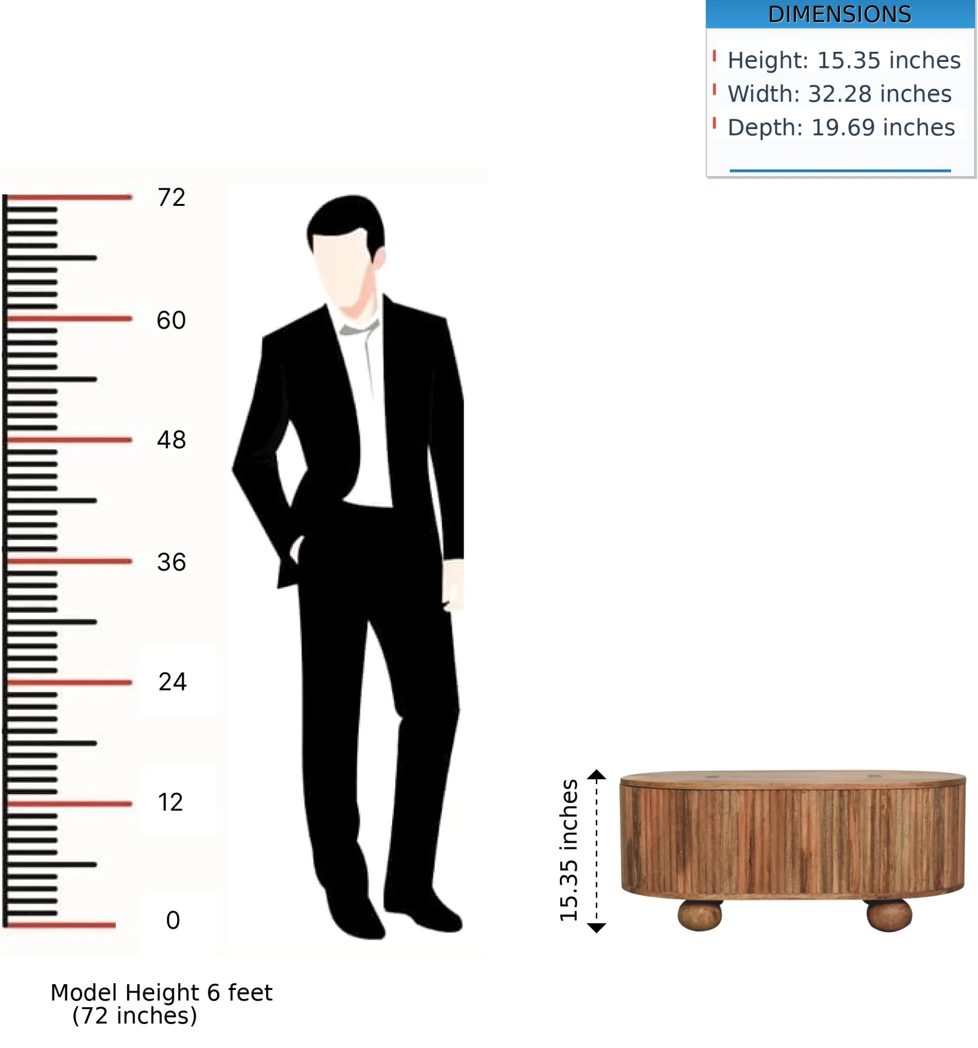 Fluted Solid Wood Ball Leg Coffee Table with Storage