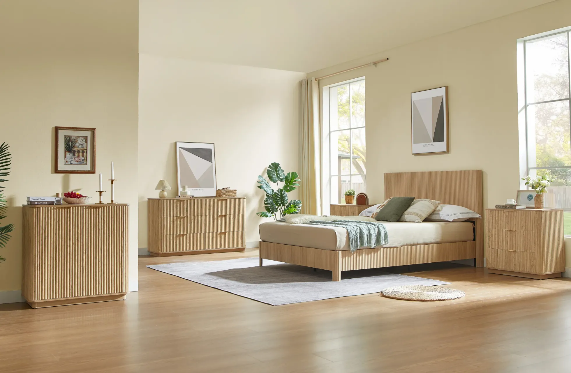 Fluted Wide Modern 3 Drawers Nightstand & Side Table Set of 2
