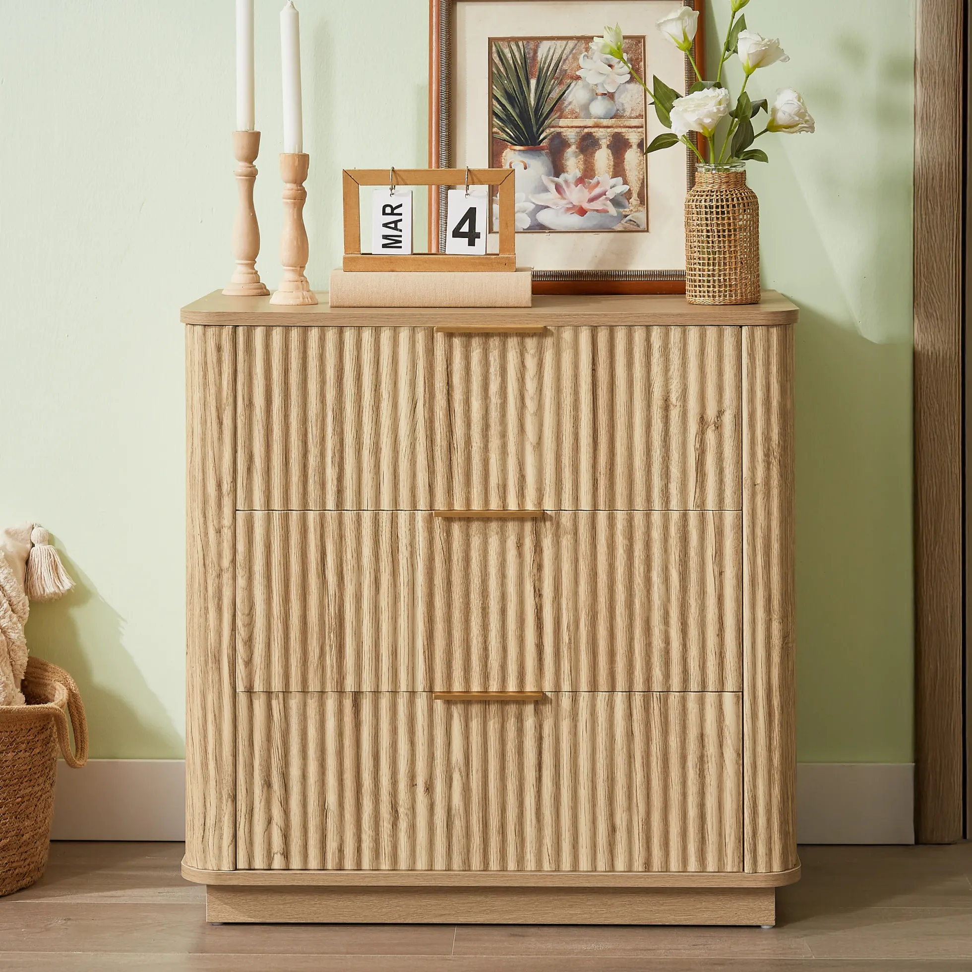 Fluted Wide Modern 3 Drawers Nightstand & Side Table Set of 2
