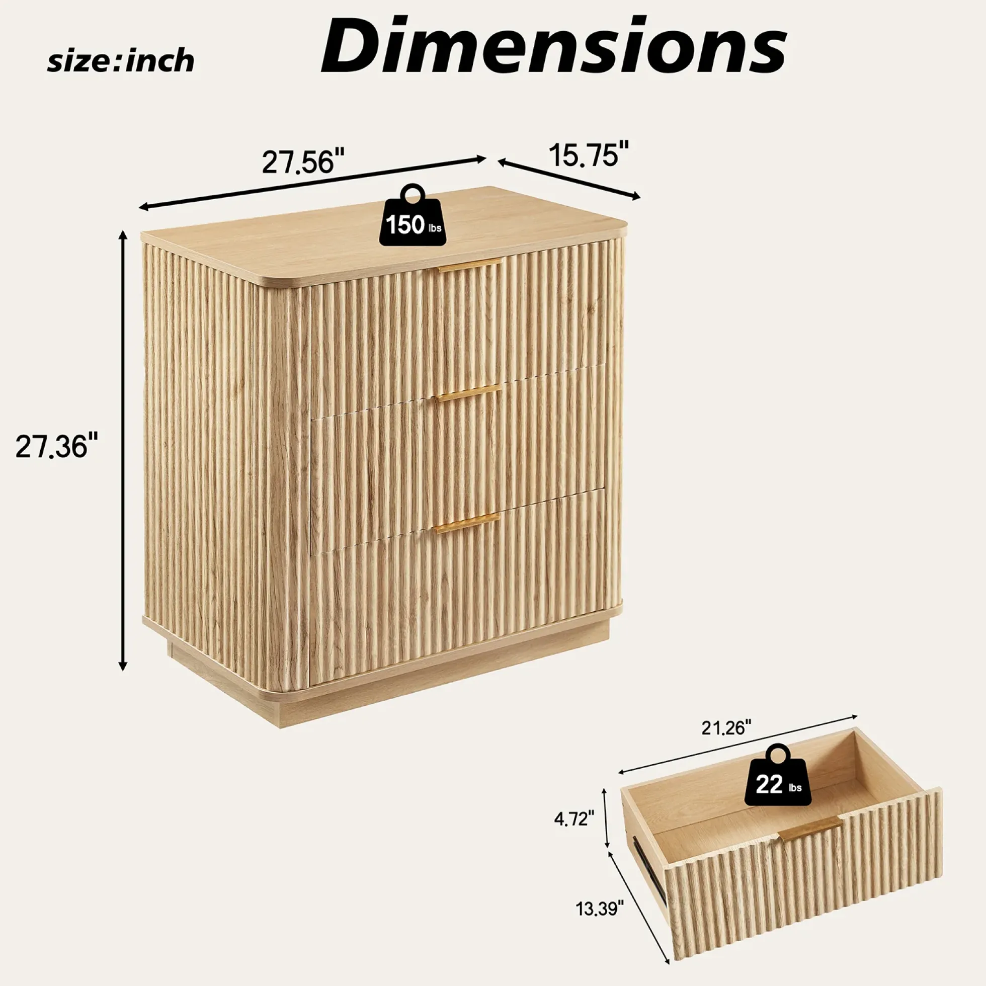Fluted Wide Modern 3 Drawers Nightstand & Side Table Set of 2