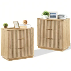 Fluted Wide Modern 3 Drawers Nightstand & Side Table Set of 2