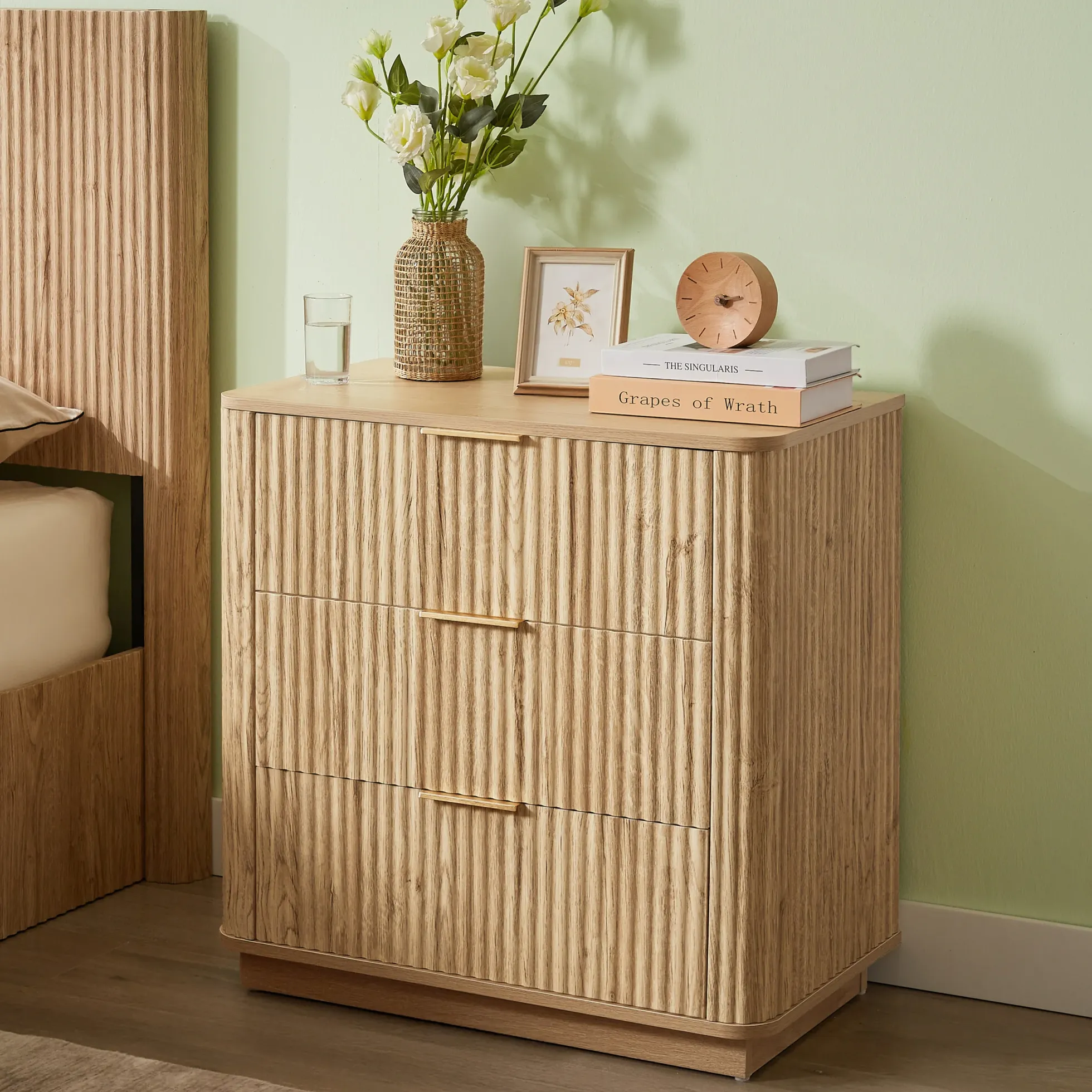 Fluted Wide Modern 3 Drawers Nightstand & Side Table Set of 2