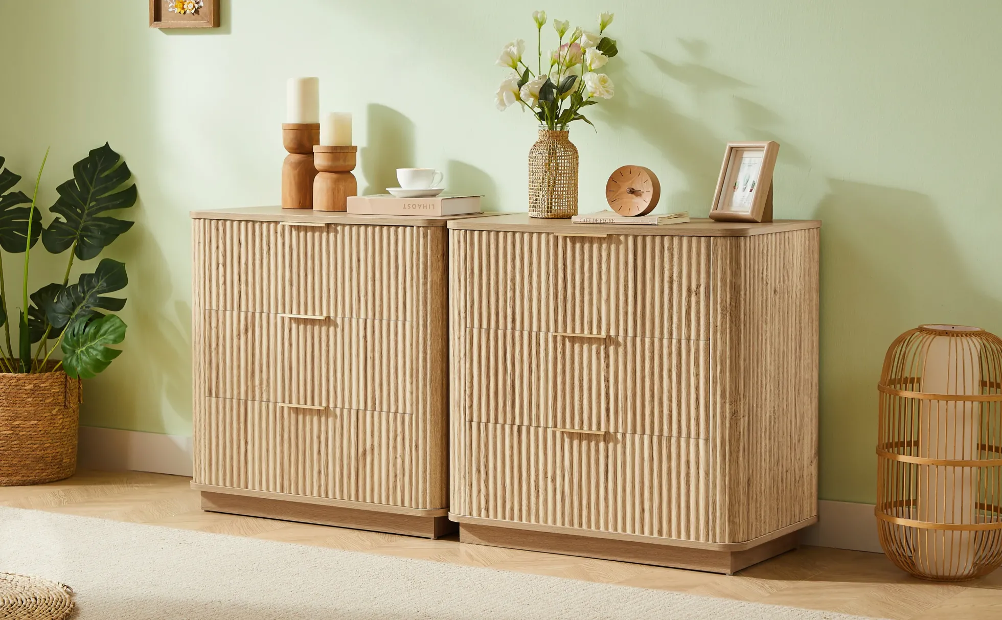 Fluted Wide Modern 3 Drawers Nightstand & Side Table Set of 2