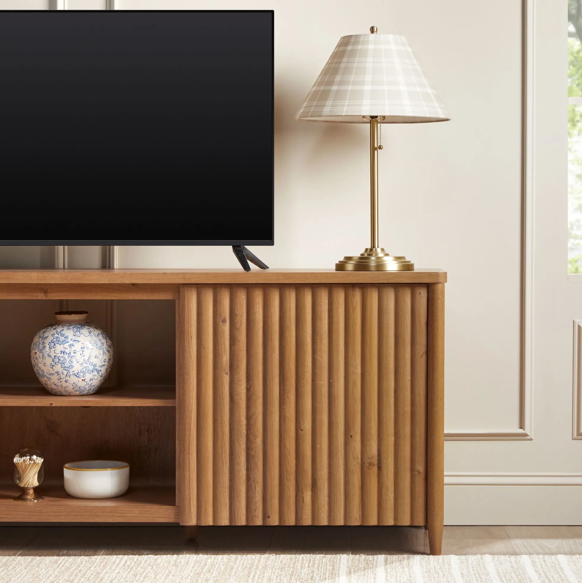 Flynn Scandinavian Reeded TV Stand with Storage