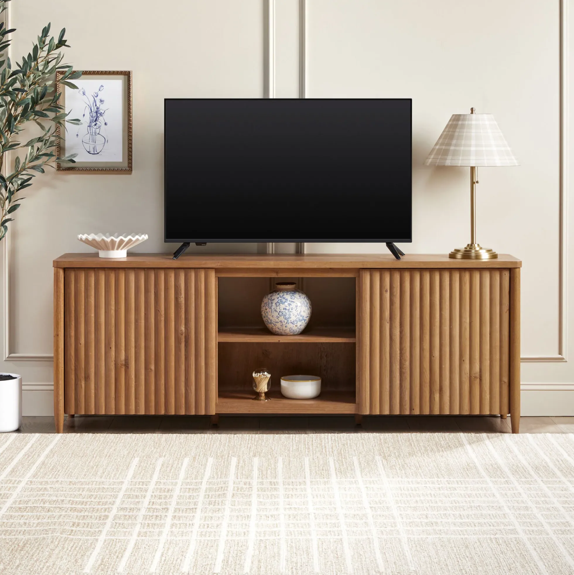 Flynn Scandinavian Reeded TV Stand with Storage