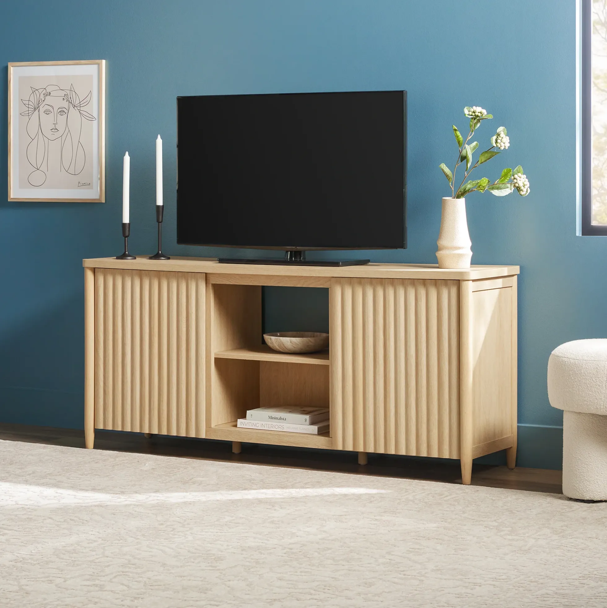 Flynn Scandinavian Reeded TV Stand with Storage