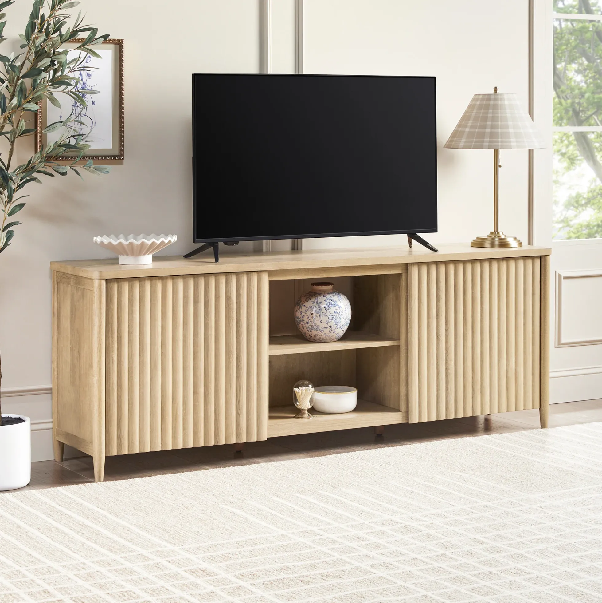Flynn Scandinavian Reeded TV Stand with Storage