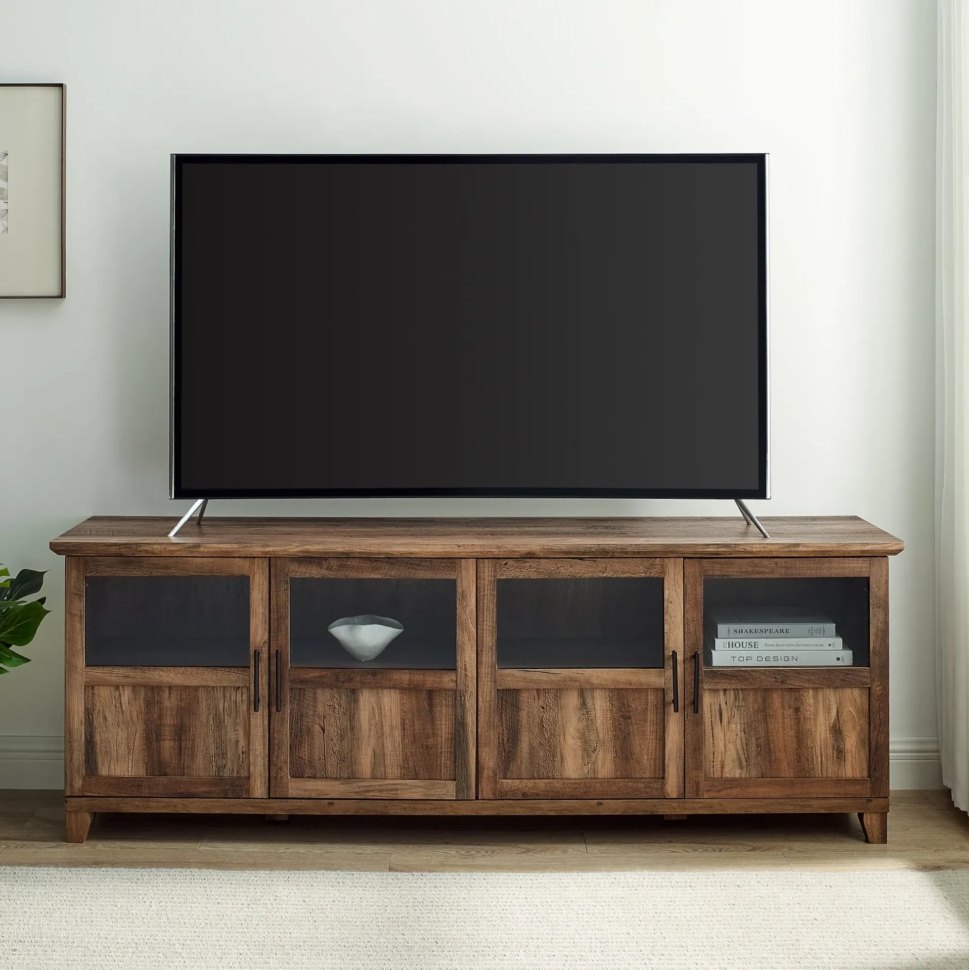 Goodwin 70" TV Stand with Glass and Wood 4 Panel Doors