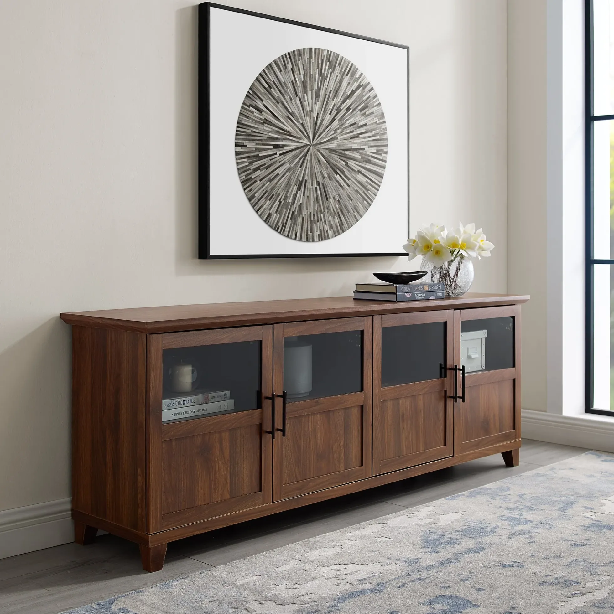 Goodwin 70" TV Stand with Glass and Wood 4 Panel Doors